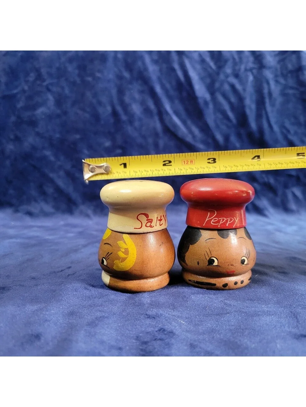 Vintage Salty & Peppy Wooden Chef Salt Pepper Shakers Japan MCM 2.5